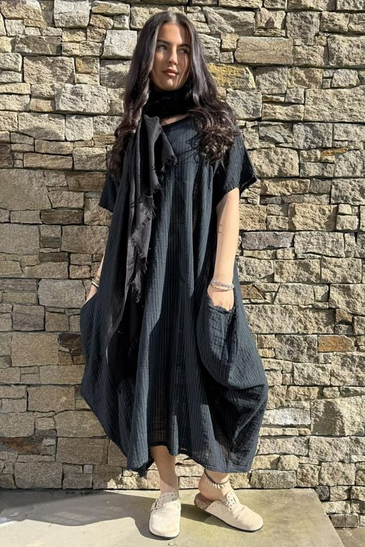 Salcombe Chalk Stripe Cotton Cocoon Dress Black